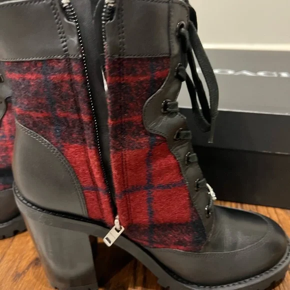 Coach Women's Plaid Lace-Up Boots in Black and Red - Picture 7 of 8